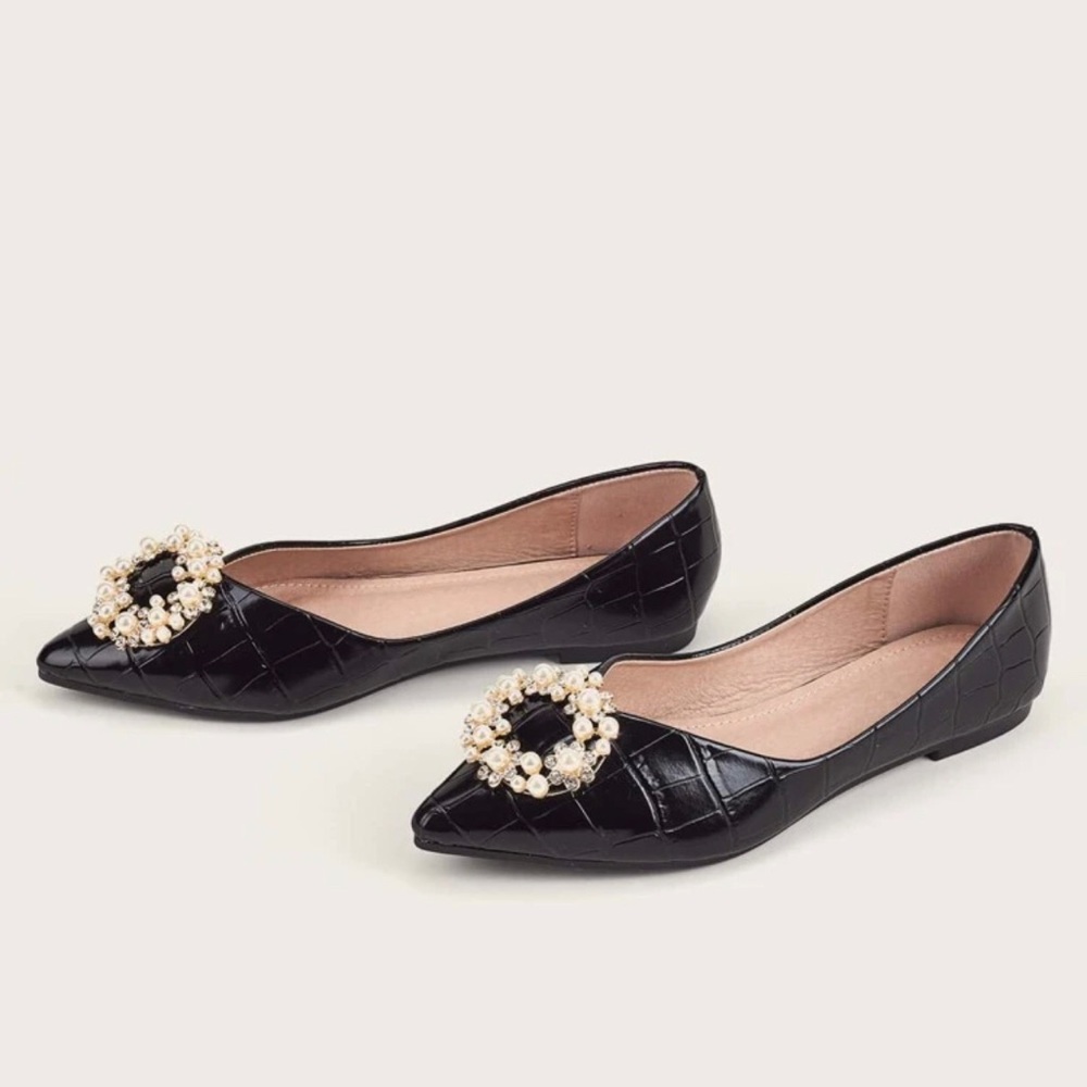 Black Flats with Pearl Embellishments. Sz. 43